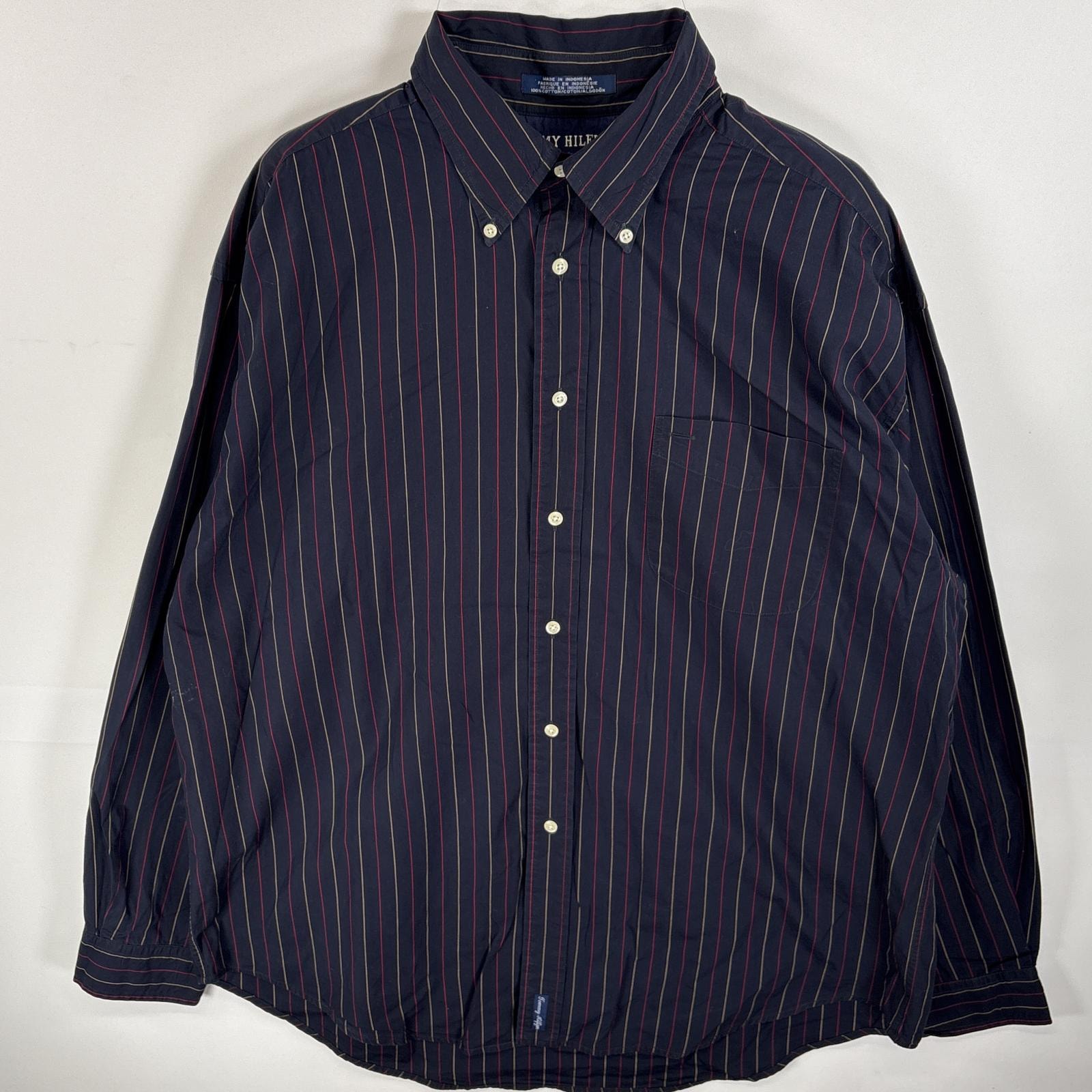 古着 90's/90年代 トミーヒルフィガー TOMMY HILFIGER 長袖シャツ ボタンダウンシャツ 胸ポケ 大きいサイズ XL  ネイビー系 ストライプ メンズ