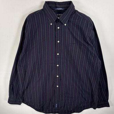古着 90's/90年代 トミーヒルフィガー TOMMY HILFIGER 長袖シャツ ボタンダウンシャツ 胸ポケ 大きいサイズ XL ネイビー系 ストライプ メンズ