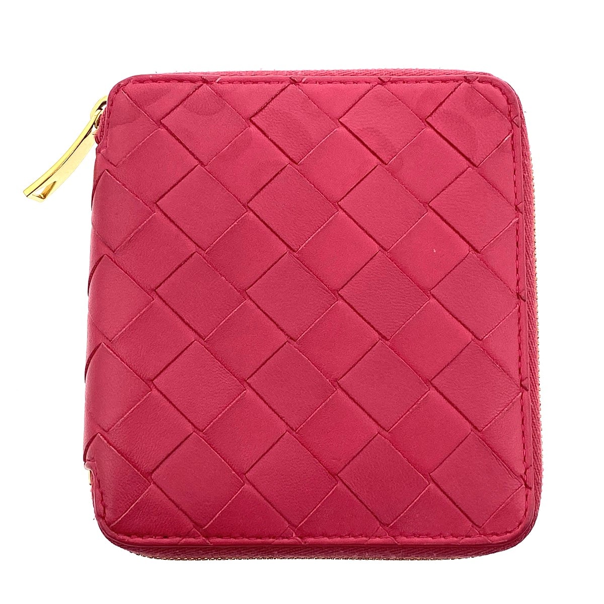 BOTTEGAVENETA ボッテガヴェネタ コンパクト ジップアラウンドウォレット イントレチャート 二つ折り財布 690572 レザー ピンク  レディース【中古】