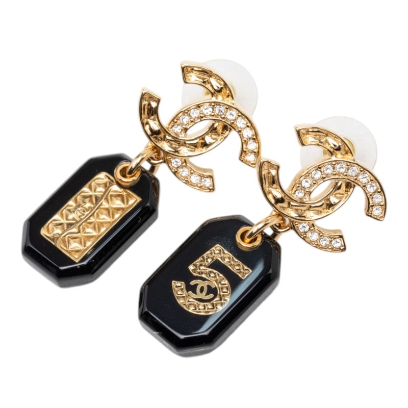 シャネル ココマーク No.5 マトラッセバッグ スタッドピアス スイング ゴールド ブラック メッキ レジン レディース CHANEL 【中古】