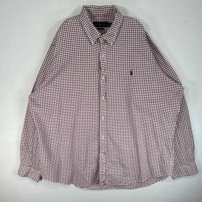 古着 ラルフローレン RALPH LAUREN 長袖シャツ ロゴ 刺繍 大きいサイズ ボタンダウン 14041 レッド系 チェック メンズ