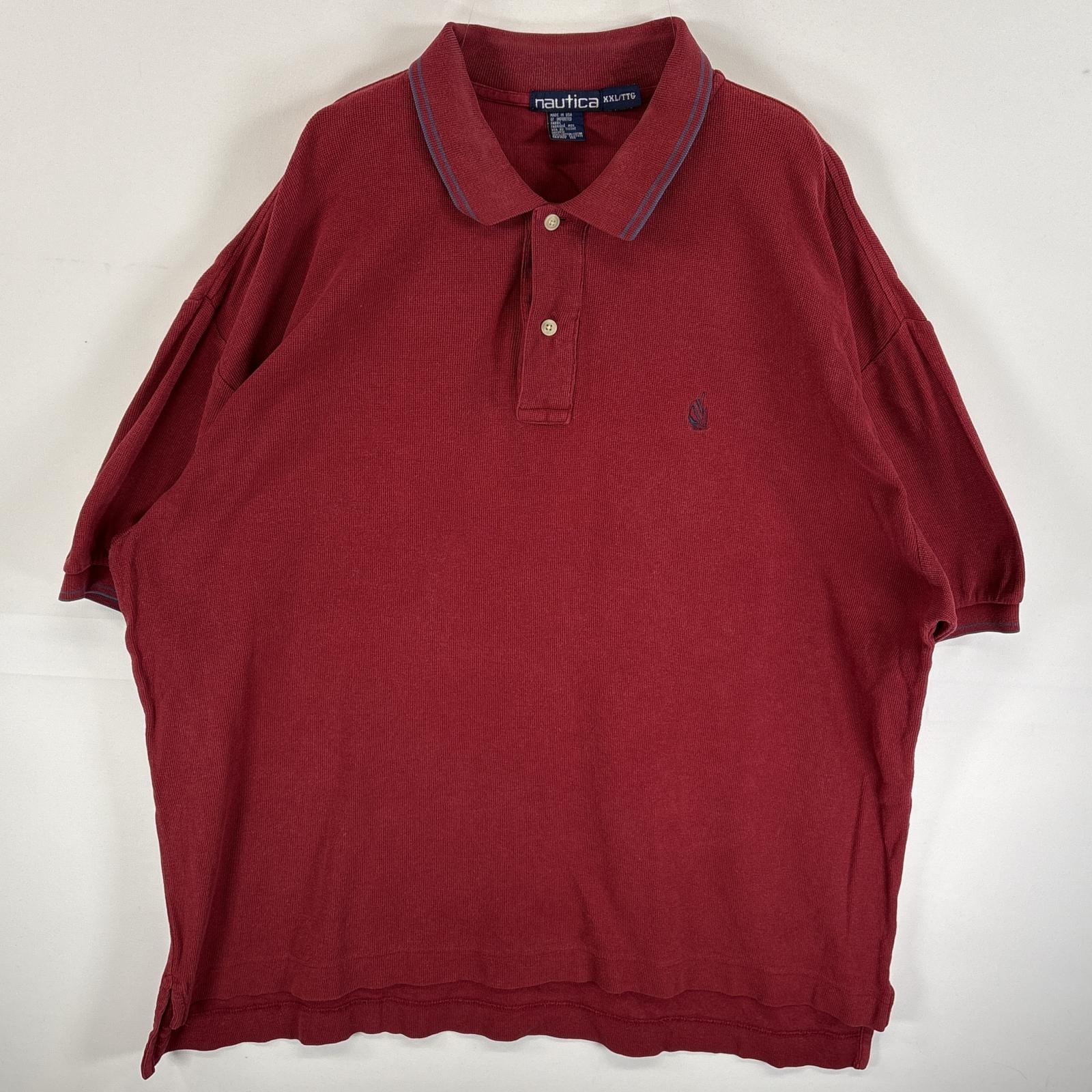 古着 90's/90年代 ノーティカ NAUTICA 鹿の子 半袖 ポロシャツ ワンポイント ロゴ 刺繍 リブ切替 USA製 14041  ワインレッド 無地 メンズ