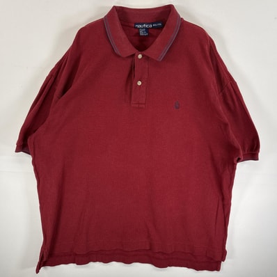 古着 90's/90年代 ノーティカ NAUTICA 鹿の子 半袖 ポロシャツ ワンポイント ロゴ 刺繍 リブ切替 USA製 14041 ワインレッド 無地 メンズ