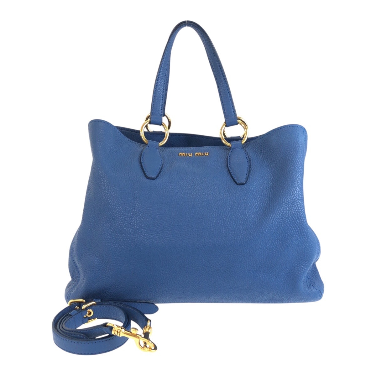 美品 MIUMIU ミュウミュウ ヴィッテロカリブ ブルー ゴールド金具 レザー トートバッグ ショルダーバッグ 2WAY 504441 【中古】