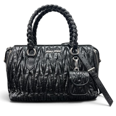 miumiu 希少 美品 ミュウミュウ VIT.SHINE MATEL マテラッセ ヴィッテロシャイン メタル 2way ハンドバッグ ショルダーバッグ 5BB026 ICチップ確認済 レザー ブラック ミニボストン ロゴ ABランク 中古 鑑定済