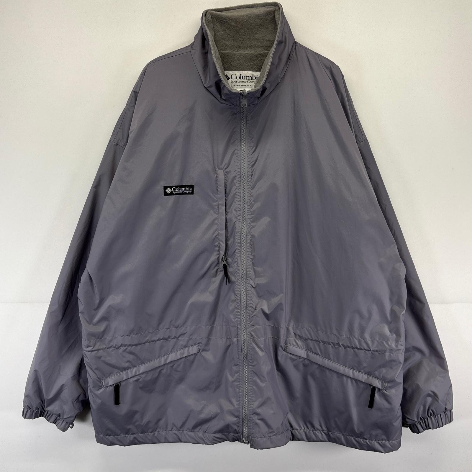 古着 コロンビア Columbia ナイロンジャケット 大きいサイズ ロゴ アウトドア ワンポイント フリース 2XL  グレー系 メンズ