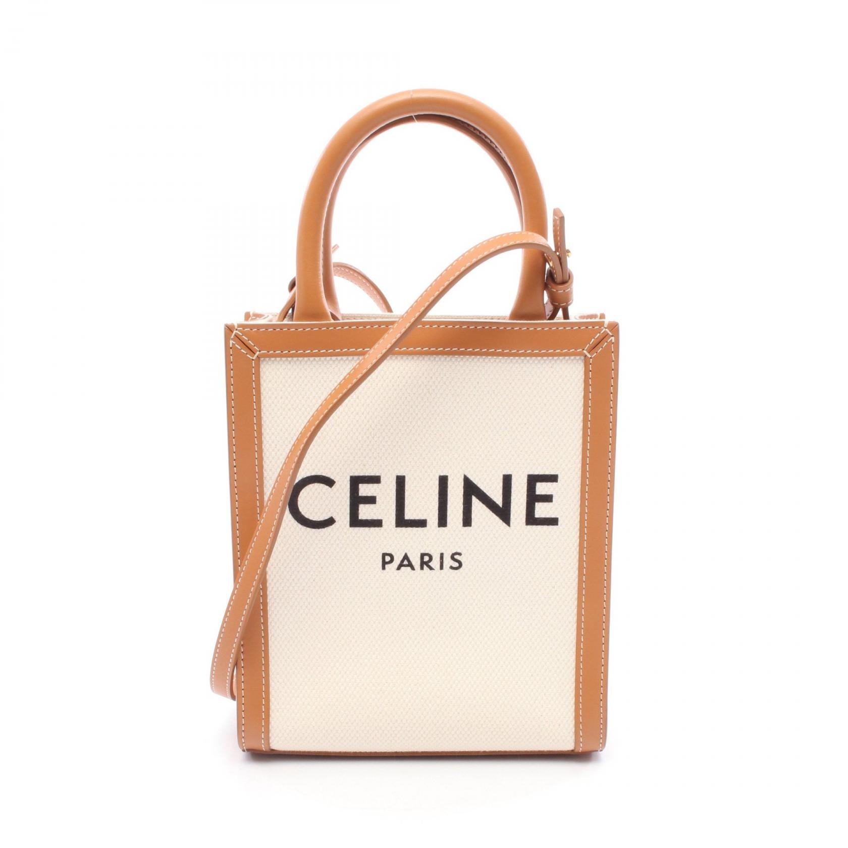 セリーヌ CELINE ミニ バーティカルカバ ハンドバッグ バッグ キャンバス レザー レディース アイボリー系 / ブラウン系 193302 【中古】