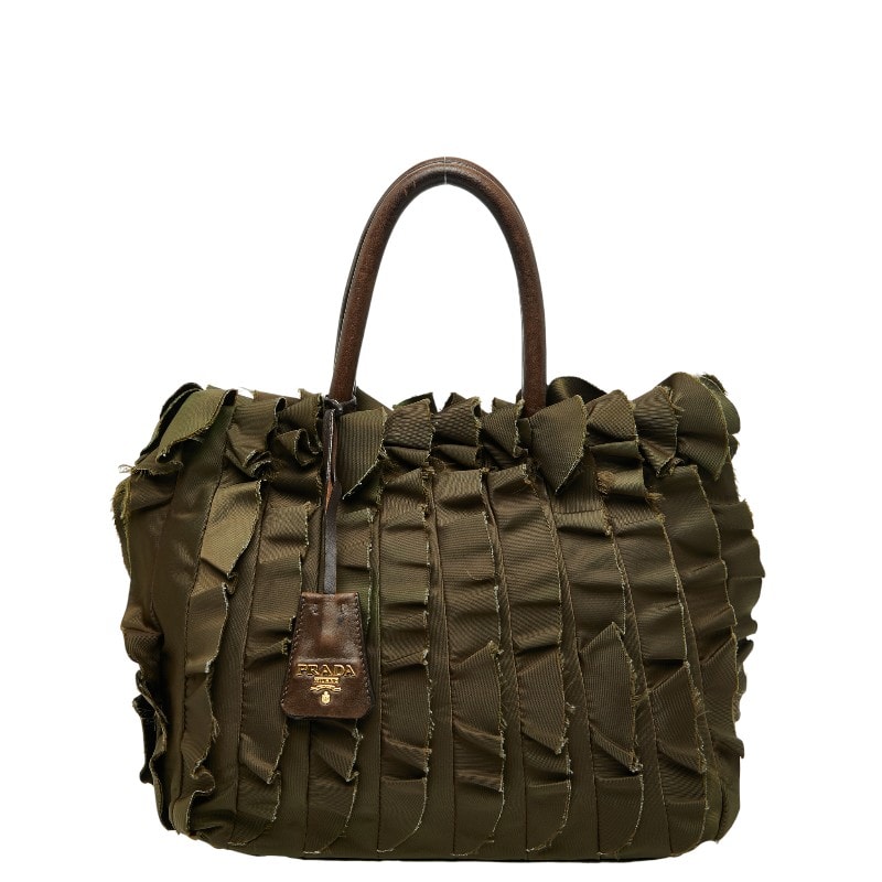 プラダ フリル ハンドバッグ トートバッグ BN1728 カーキ ブラウン ナイロン レザー レディース PRADA 【中古】