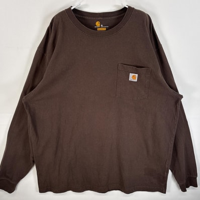 古着 カーハート Carhartt 長袖Tシャツ ワンポイント ロゴ 肉厚 大きいサイズ XL ブラウン 無地 メンズ