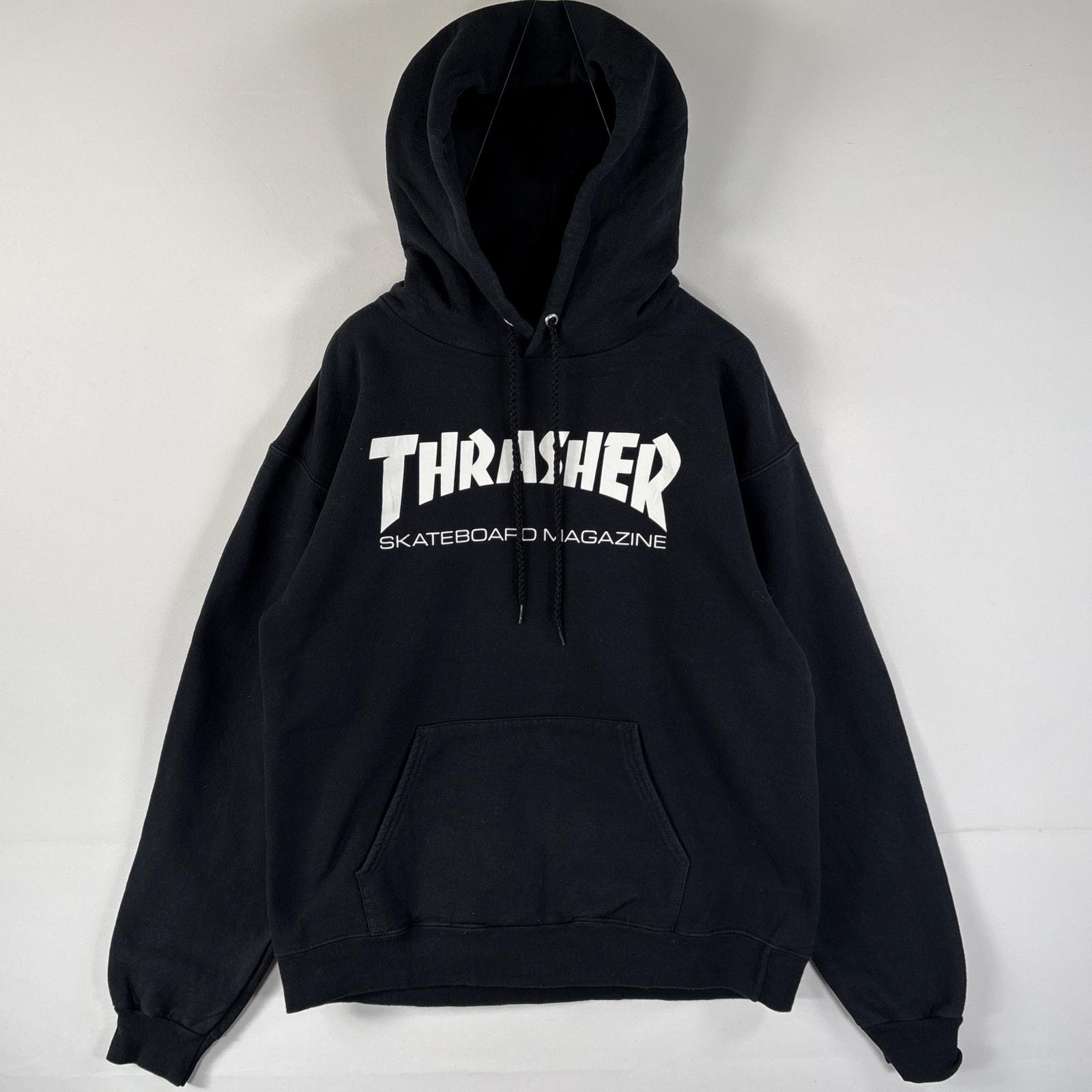 古着 スラッシャー THRASHER パーカー フーディー マフポケット スケーター ラバープリント ビッグロゴ S 34ー36  ブラック メンズ