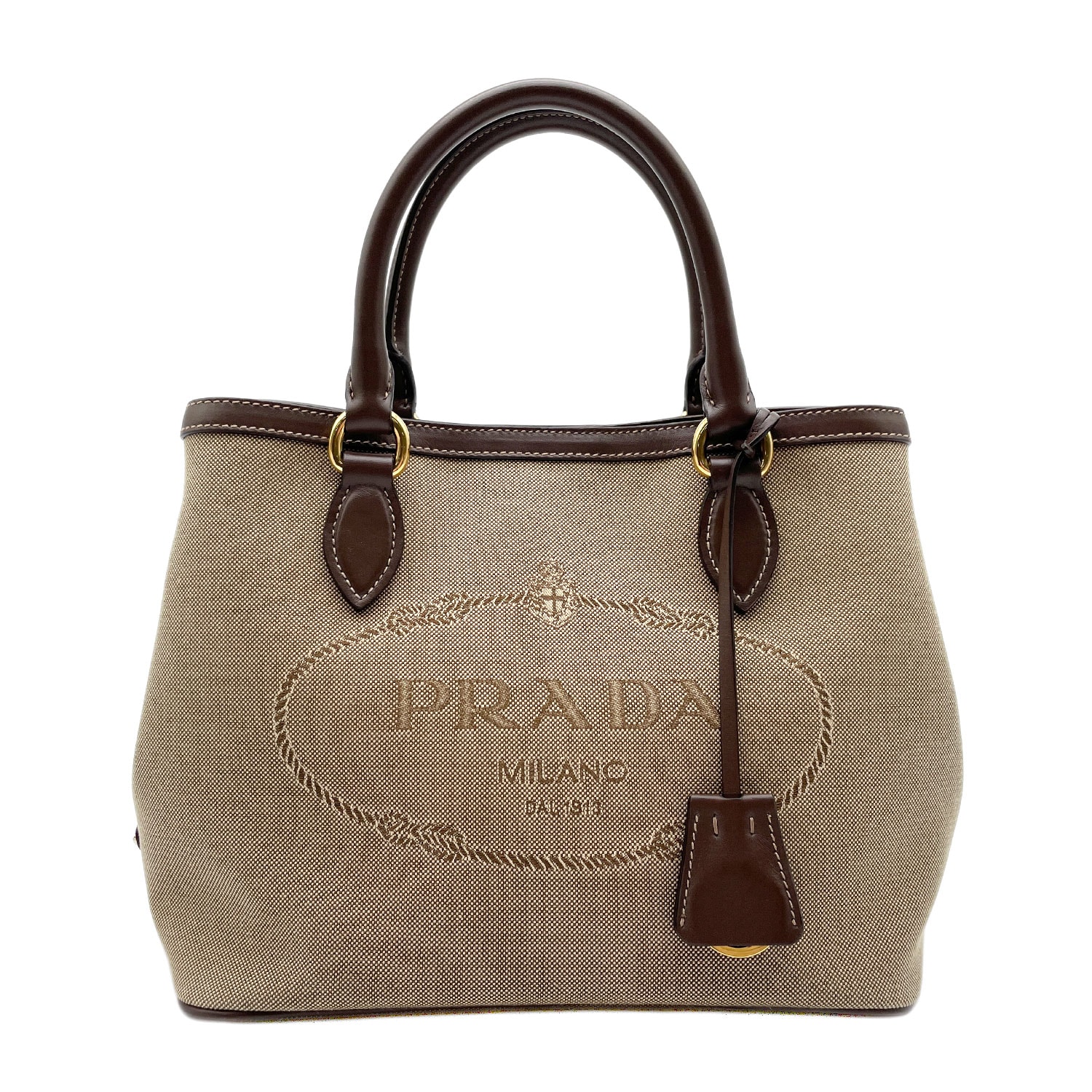 PRADA プラダ ロゴ ジャカード 2WAY  ショルダーバッグ
 トライアングルロゴ 1BA172 キャンバス レザー ブラウン レディース
 【中古】