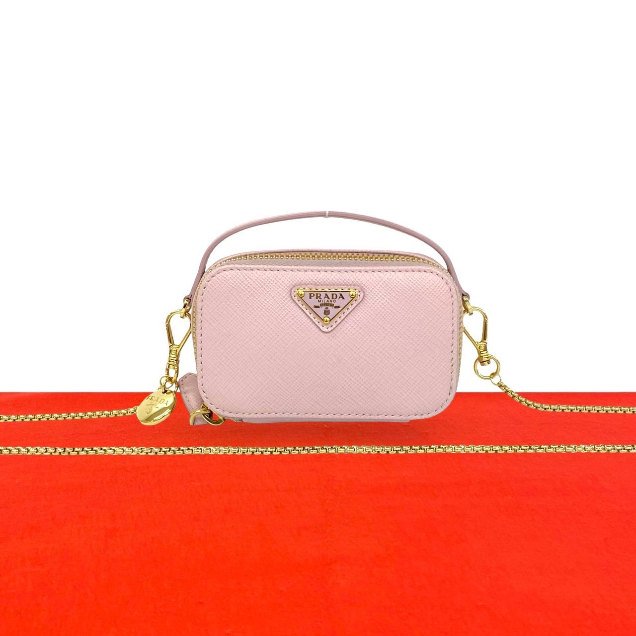 PRADA プラダ トライアングル ミニ ポーチ 三角ロゴ 金具 レザー ショルダーバッグ ピンク
 72287