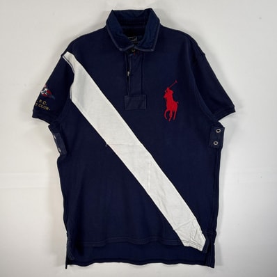 古着 90's/90年代 ポロバイラルフローレン Polo by Ralph Lauren 鹿の子 半袖 ポロシャツ バックデザイン メタルボタン ビッグポニー L ネイビー系 ツートン メンズ