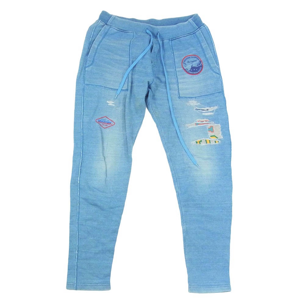 HYSTERIC GLAMOUR ヒステリックグラマー 0261CP04 ヒスガール ロゴ ワッペン プリント ダメージ加工 リメイク イージーパンツ スウェットパンツ ブルー系 S【中古】