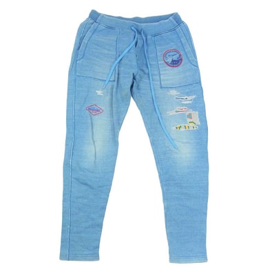 HYSTERIC GLAMOUR ヒステリックグラマー 0261CP04 ヒスガール ロゴ ワッペン プリント ダメージ加工 リメイク イージーパンツ スウェットパンツ ブルー系 S【中古】