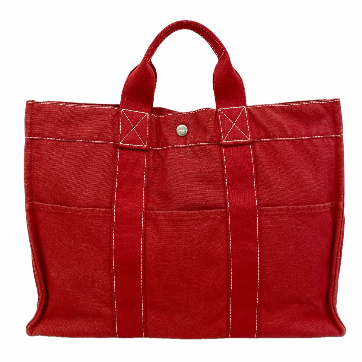 【6ke5308】エルメス トートバッグ ドーヴィルMM キャンバス レッド シルバー金具【中古】レディース
