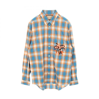 グッチ GUCCI Freyja Hartas Animal Embroidery Check Shirt 衣料品 トップス コットン メンズ ブルー系 / マルチカラー 【中古】