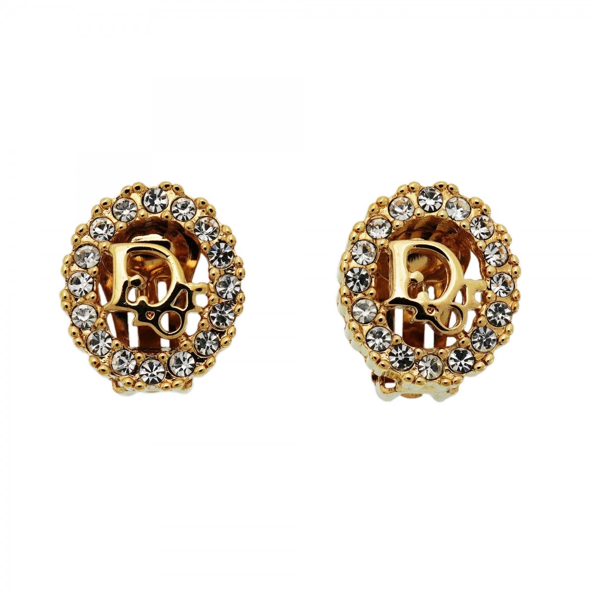 【6jdb0454-k】クリスチャンディオール イヤリング ディオールロゴ GPメッキ ラインストーン ゴールド【中古】レディース