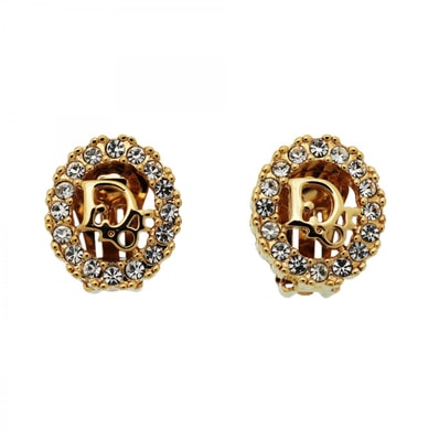 【6jdb0454-k】クリスチャンディオール イヤリング ディオールロゴ GPメッキ ラインストーン ゴールド【中古】レディース
