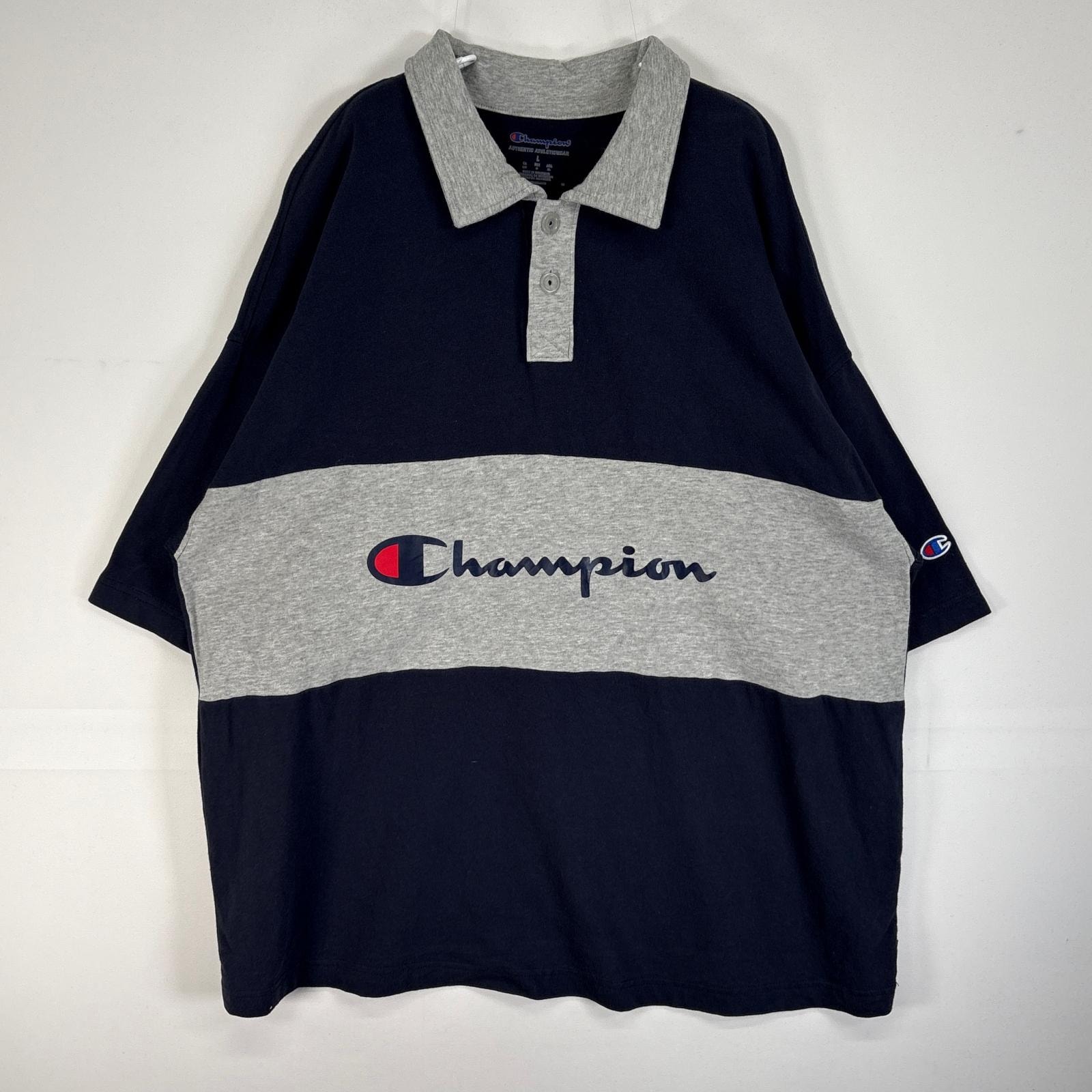 古着 チャンピオン Champion 半袖 ポロシャツ プリント ワッペン ロゴ 肉厚 2ボタン L  ネイビー系 ツートン メンズ