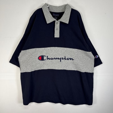 古着 チャンピオン Champion 半袖 ポロシャツ プリント ワッペン ロゴ 肉厚 2ボタン L ネイビー系 ツートン メンズ