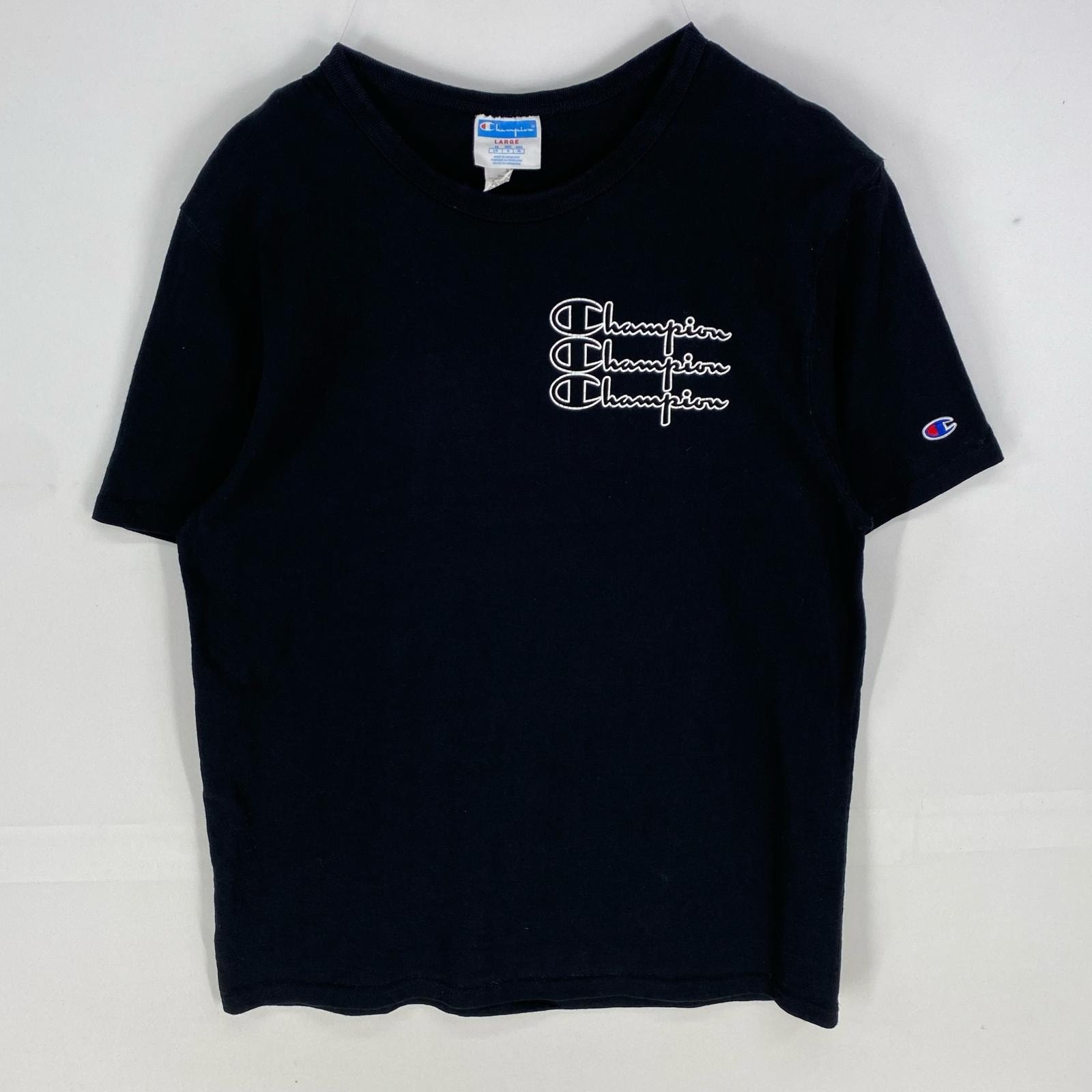 古着 チャンピオン Champion 半袖Tシャツ ロゴプリント 厚手 クルーネック ショートスリーブ L  ブラック系 プリント メンズ