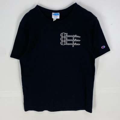 古着 チャンピオン Champion 半袖Tシャツ ロゴプリント 厚手 クルーネック ショートスリーブ L ブラック系 プリント メンズ