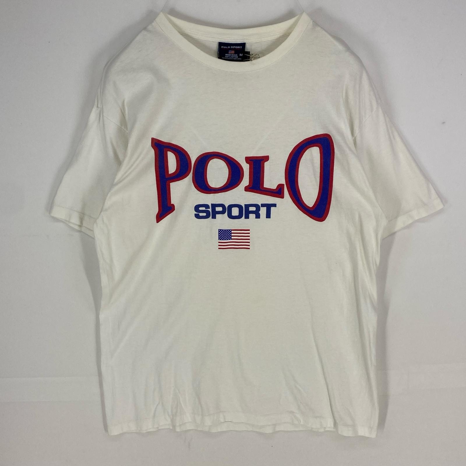 古着 ポロスポーツ POLO SPORTS USA製 半袖Tシャツ クルーネック シングルステッチ M ホワイト系 プリント メンズ