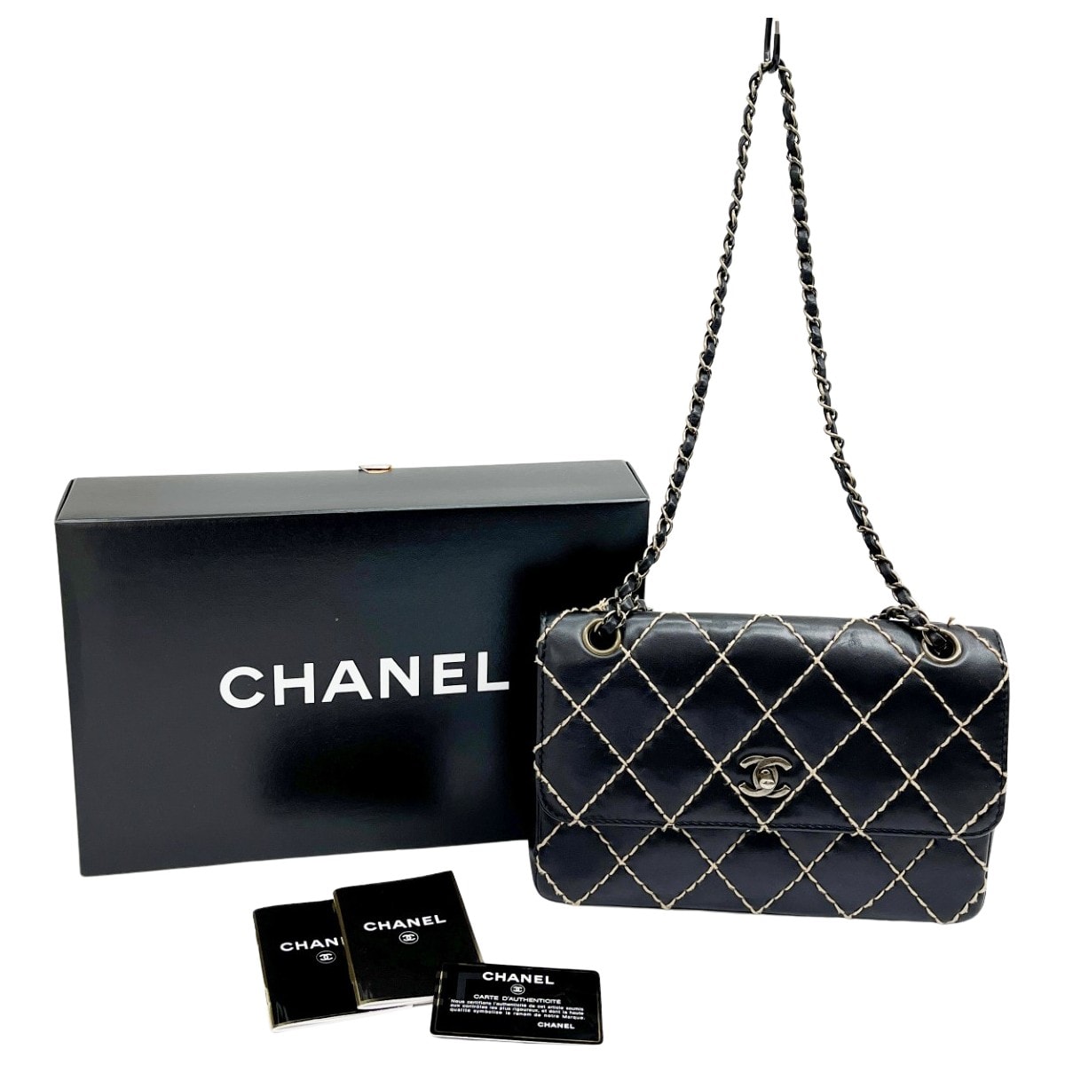 ◆◆CHANEL シャネル マトラッセ ワイルドステッチ ショルダーバッグ Wチェーン ブラック x アイボリー