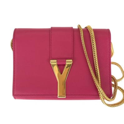 美品 SAINT LAURENT サンローラン クラシック Yライン サッチェル スモール 2way ピンク ゴールド金具 レザー メタル/ チェーンショルダーバッグ クラッチバッグ 1-0289385 【中古】