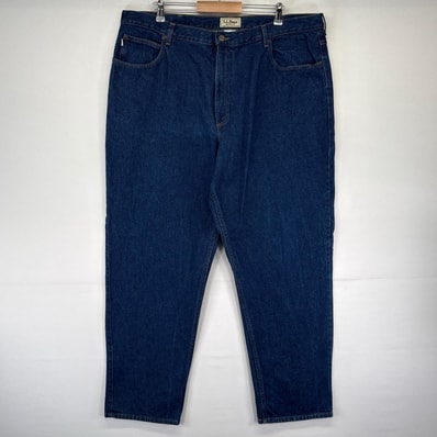 古着 エルエルビーン L.L.Bean デニム パンツ レザーパッチ 大きいサイズ ジーパン テーパード 5ポケット W44L34 ブルー系 メンズ