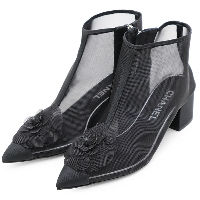 【新品同様】CHANEL シャネル ショートアンクルブーツ サイズ 37C レディース G34544 カメリア コサージュ テクニカルメッシュ × グログラン シューズ 靴 箱・袋付属 ブラック 黒 イタリア製