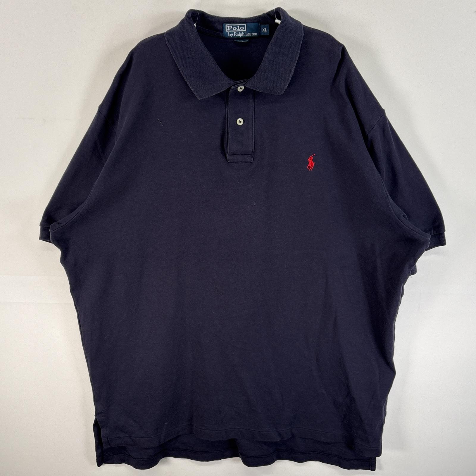 古着 90's/90年代 ポロバイラルフローレン Polo by Ralph Lauren 半袖 ポロシャツ ワンポイント ロゴ 刺繍 2ボタン 大きいサイズ XL  ネイビー 無地 メンズ