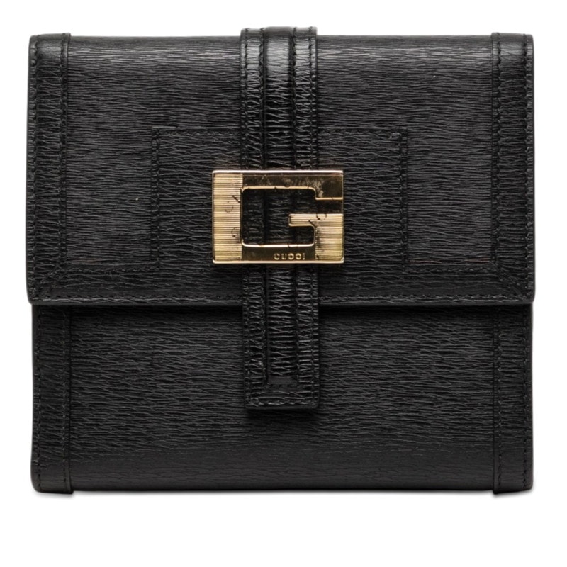 グッチ Gロゴ 二つ折り財布 ブラック レザー レディース GUCCI 【中古】