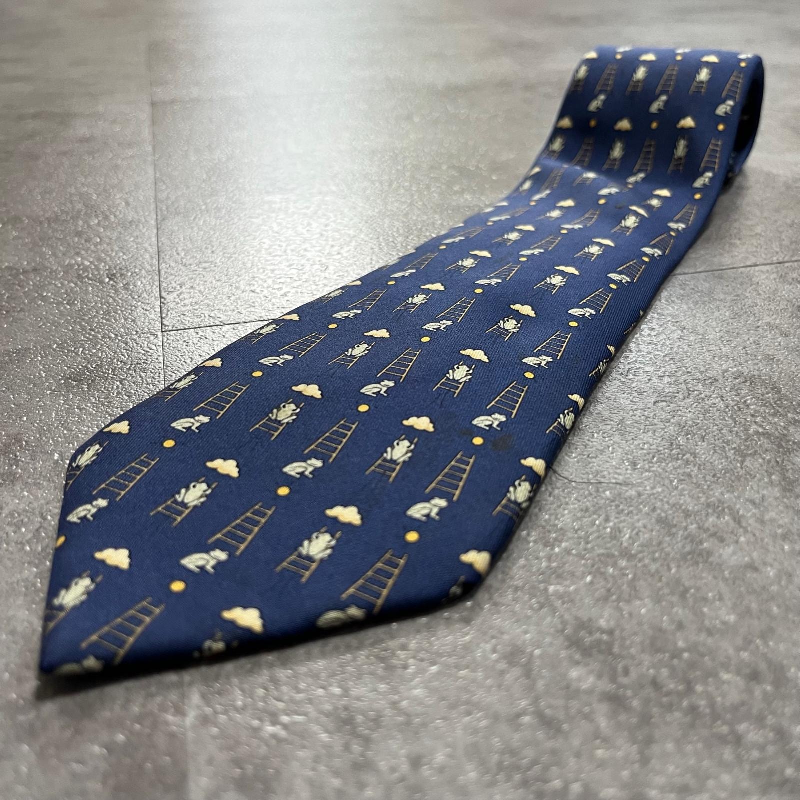 【HERMES】エルメス ネクタイ カエル フロッグ はしご 雲 ドット柄 プリント シルク ブルー メンズ アニマル柄 総柄 ビジネス フォーマル
