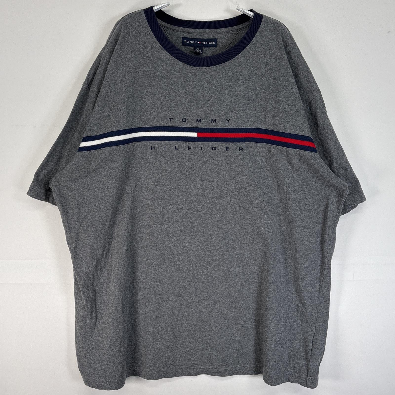 古着 トミーヒルフィガー TOMMY HILFIGER 半袖Tシャツ ロゴ 刺繍 襟切替 大きいサイズ XL  グレー ツートン メンズ