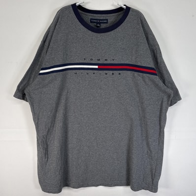 古着 トミーヒルフィガー TOMMY HILFIGER 半袖Tシャツ ロゴ 刺繍 襟切替 大きいサイズ XL グレー ツートン メンズ