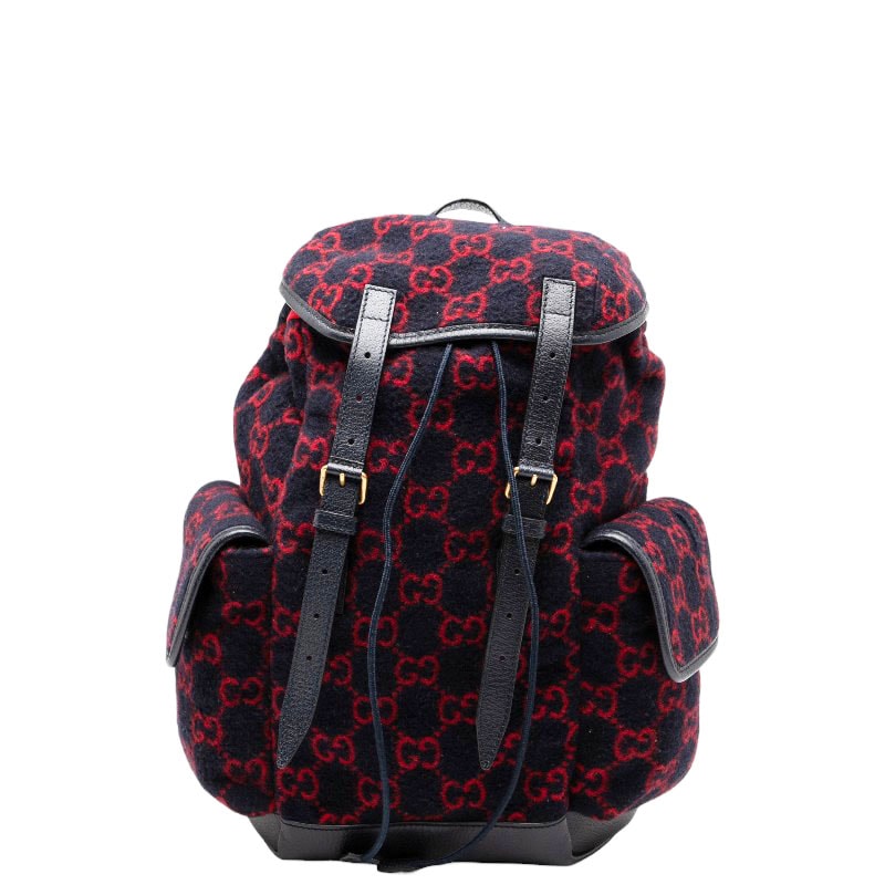 グッチ GGウール リュック バックパック 598184 ネイビー レッド ウール レザー レディース GUCCI 中古