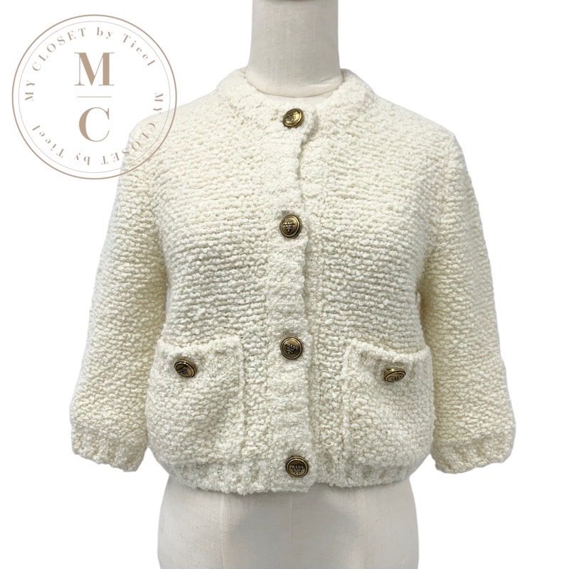 プラダ PRADA トップス ホワイト ゴールド ブークレモヘア カーディガン ロゴ ニット