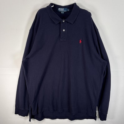 古着 90's/90年代 ポロバイラルフローレン Polo by Ralph Lauren 長袖 ポロシャツ ロゴ 刺繍 大きいサイズ 2ボタン XL ネイビー 無地 メンズ