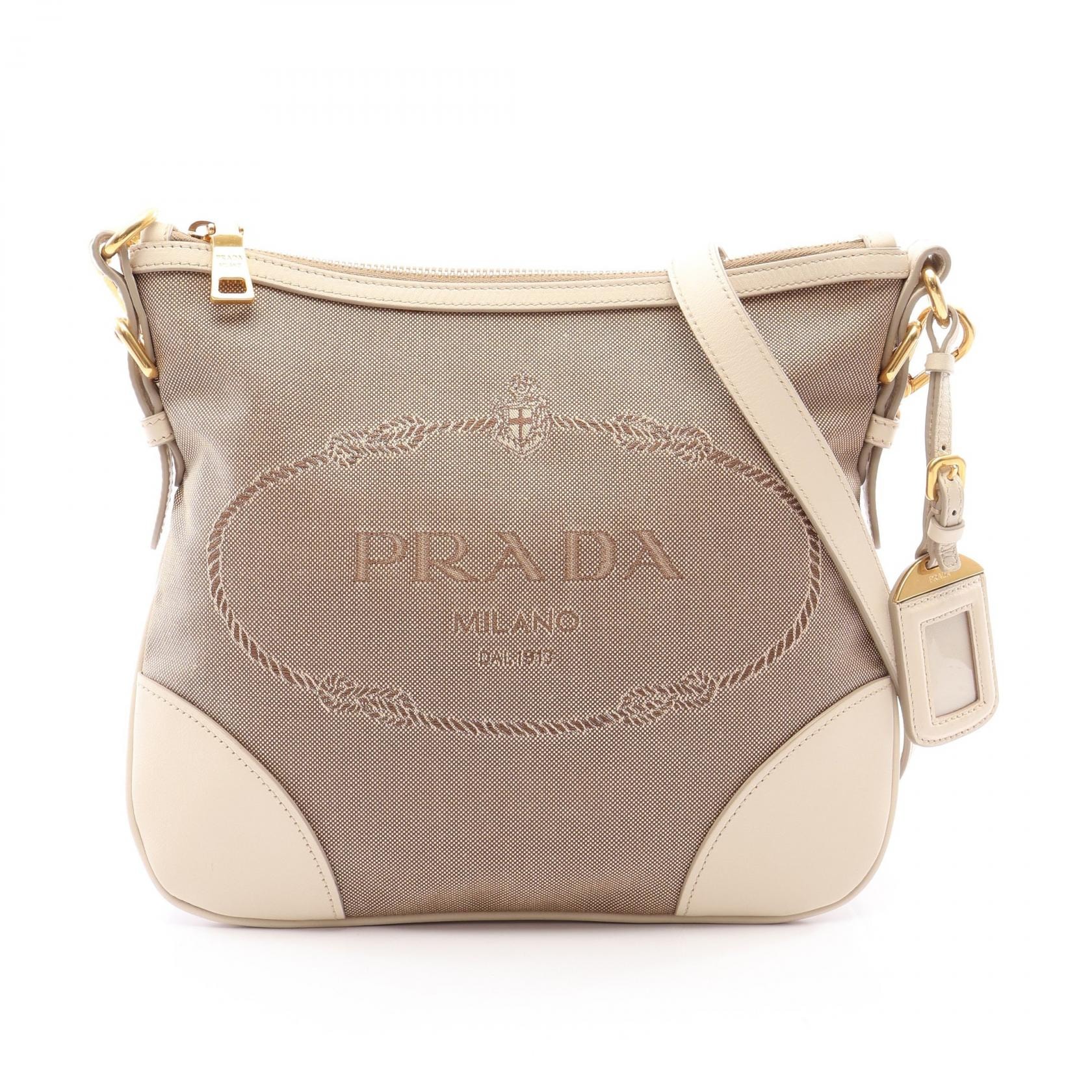 プラダ PRADA LOGO JACQUARD ロゴジャガード ショルダーバッグ バッグ キャンバス レザー レディース ベージュ系 / アイボリー系 【中古】