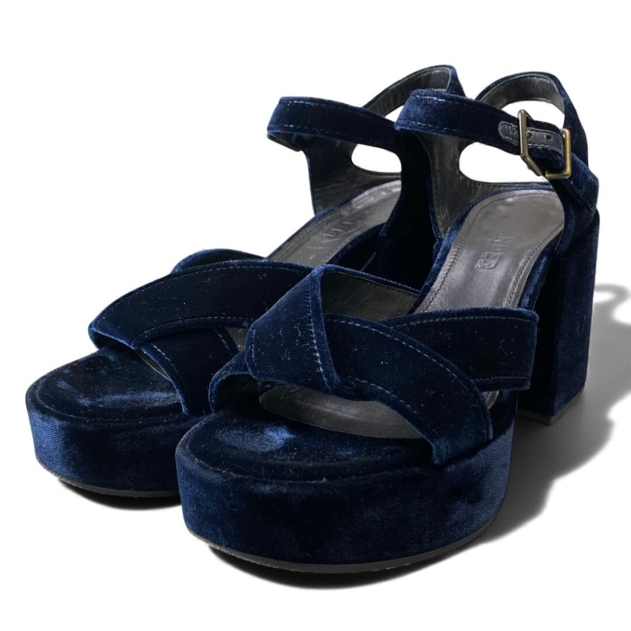 美品 JIL SANDER ジルサンダー ベロア ベルベットサンダル チャンキーヒール ネイビー ベロア サンダル A3-00052 【中古】