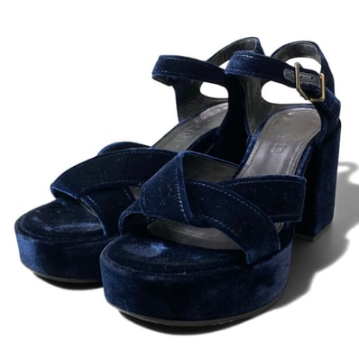 美品 JIL SANDER ジルサンダー ベロア ベルベットサンダル チャンキーヒール ネイビー ベロア サンダル A3-00052 【中古】