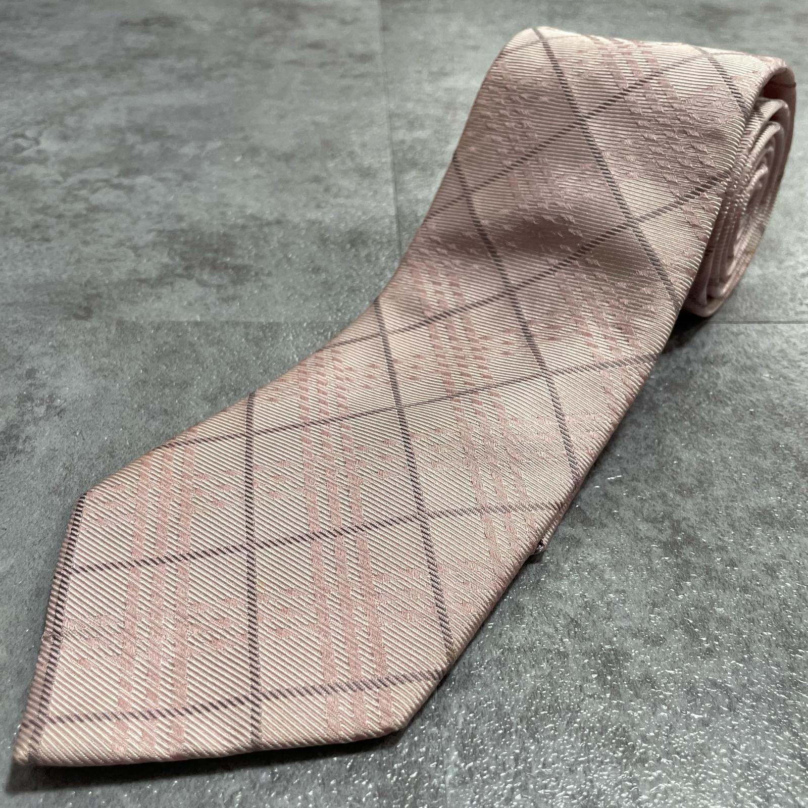 【BURBERRY】バーバリー チェック柄ネクタイ シルク100% メンズ イタリア製 ピンク 桃色 ベージュ アーガイルチェック クラシックチェック 格子柄 フォーマル ビジネス向け ヴィンテージ 肉厚