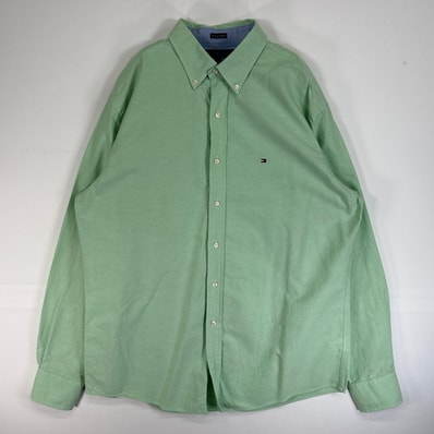 古着 トミーヒルフィガー TOMMY HILFIGER 長袖シャツ ロゴ 刺繍 ボタンダウン 大きいサイズ XL グリーン系 無地 メンズ