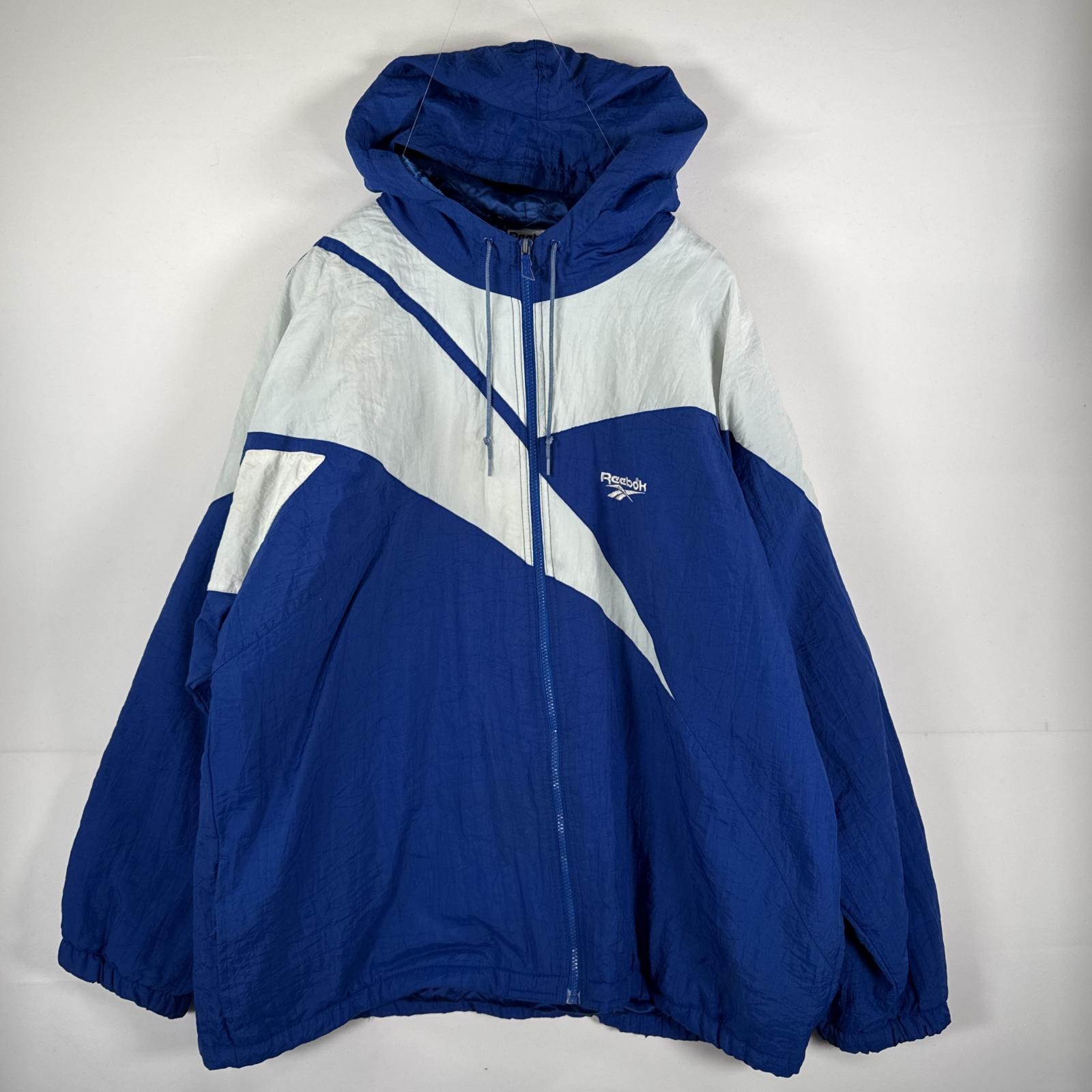 古着 90's/90年代 リーボック Reebok ナイロンジャケット 中綿 フルジップ パーカー ビッグ ロゴ フーディ XL  ブルー メンズ