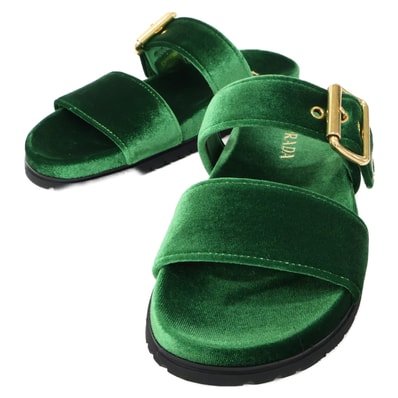 プラダ 【新品同様】1XX715 トライアングルロゴプレート ベルベット スライドサンダル 37 1/2