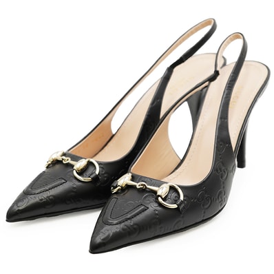 【未使用】GUCCI グッチ パンプス サイズ 38 レディース GGスプリーム モノグラム エンボス ホースビット ポインテッドトゥ スリングバック レザーソール シューズ 革靴 箱・袋付属 ブラック 黒 イタリア製