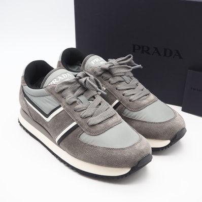 極美品 PRADA プラダ スエードレザー ナイロン スニーカー 6 24.5 4E3538 スニーカー グレー ブラック ホワイト ナイロン スウェード メンズ