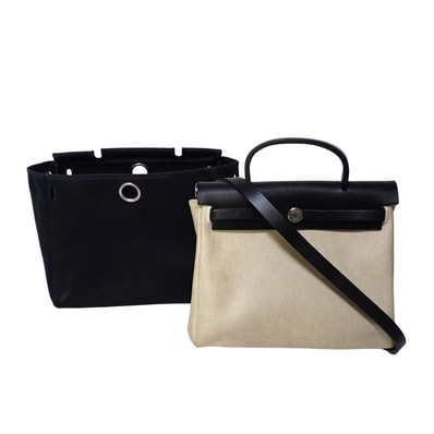 HERMES エルメス エールバッグPM トワルオフィシエ レザー ナチュラル×ブラック ハンドバッグ ベージュ レディース ショルダーバッグ